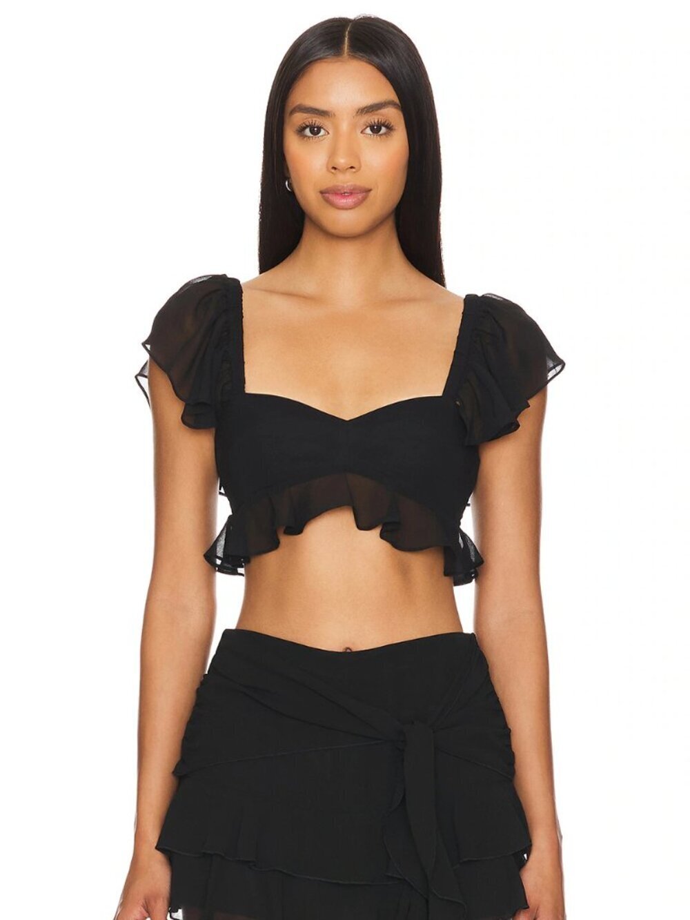 NWOT AMANDA UPRICHARD Aaliyah Black Chiffon Ruffle Cropped Bustier Top, Size M